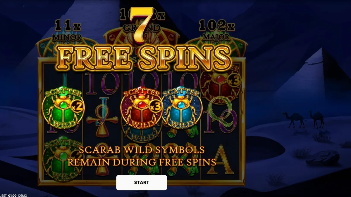 3 Scarabs of Fortune slot machine screen featuring Egyptian theme and golden scarabs