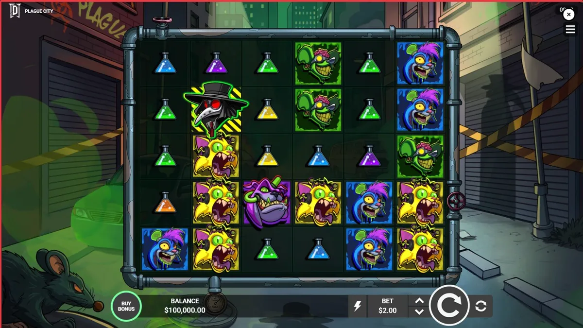 Tampilan layar permainan slot bertema apokaliptik Plague City dengan simbol mutasi dan elemen laboratorium.